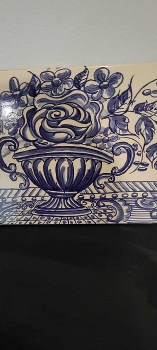 Painel de Azulejo Pintado à Mão - Vaso de Flores (36x20cm)
