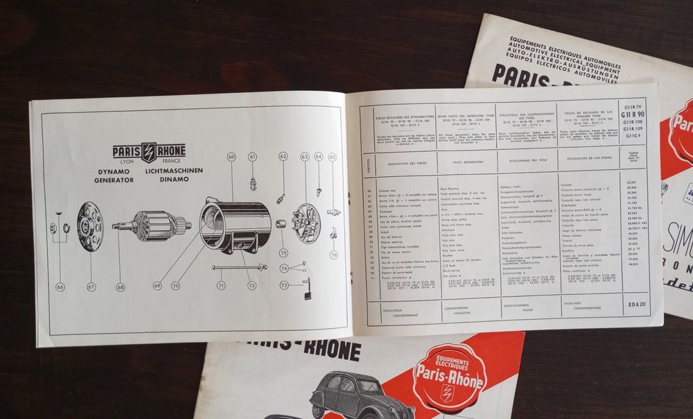 Antigas brochuras comerciais de equipamentos eléctricos Paris-Rhone para Citroën Simca Renault