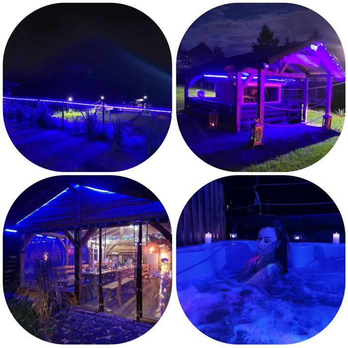 Domek nad jeziorem z jacuzzi, sauną i strefą masażu .