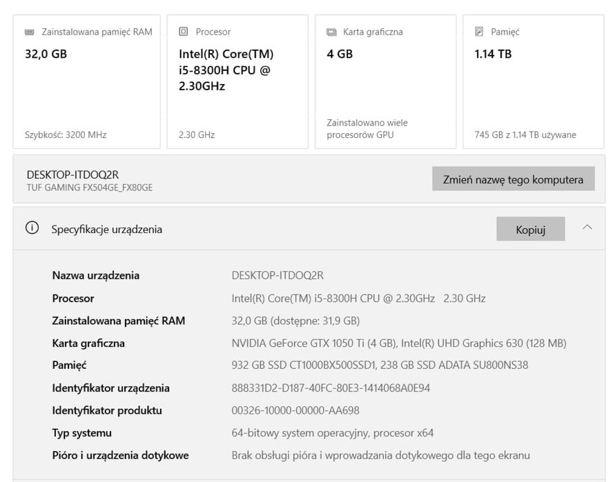 ASUS TUF FX504GE – i5 / GTX 1050 Ti / 32 GB RAM DDR 4 / SSD 1.25TB
