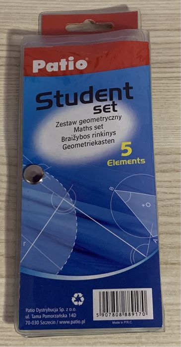 Zestaw geometryczny 5 elementów/cyrkiel/linijka/kątomierze/2 ekierki