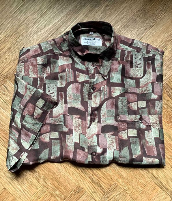 Uomo di Mondo koszula we wzór krótki rękaw 100% jedwab r. XL stan BDB