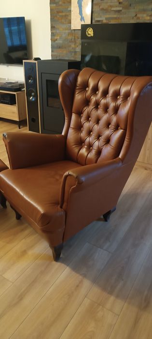 Fotel uszak + podnóżek - prawdziwa skóra!