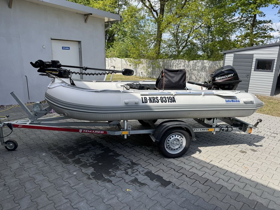 Ponton z przyczepą, silnik zaburtowy, dziobowy, sonda