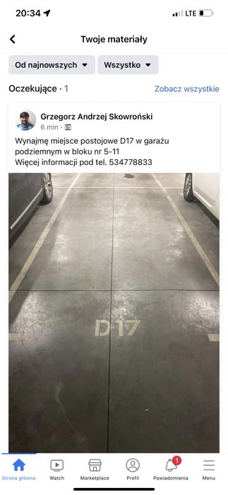 Wynajmę miejsce postojowe w garażu podziemnym