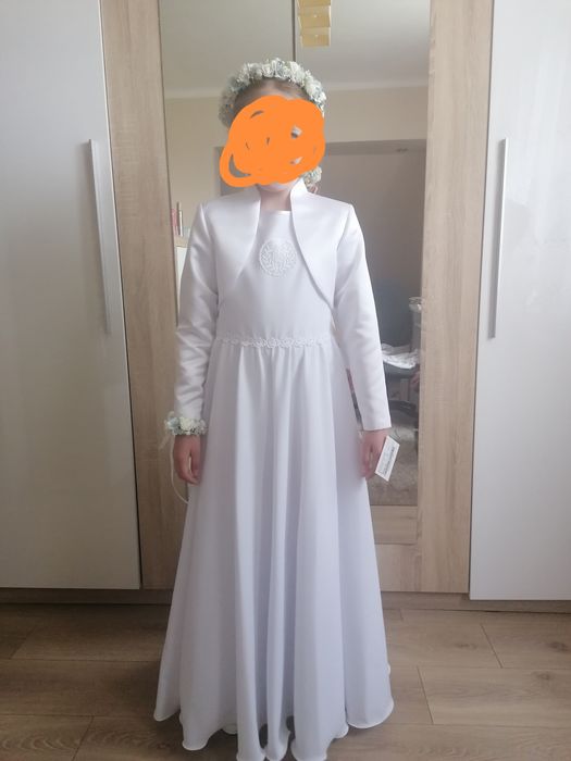 Sukienka alba komunijna rozm. 137-140 i bolerko, torebka i koszyczek