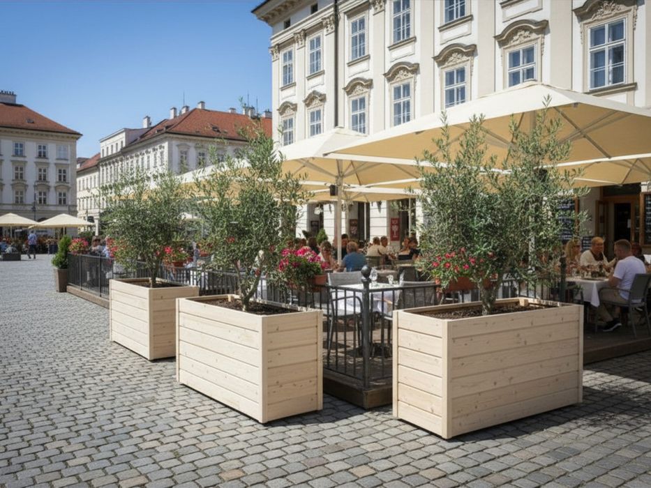 Donice drewniane wysokie do ogródka gastronomicznego, ogrodu, na taras