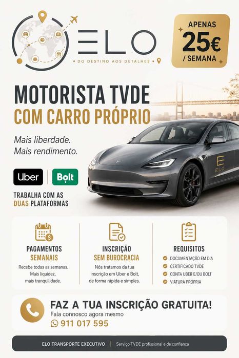 SLOT TVDE - Motorista TVDE com Viatura Própria? Junta-te à ELO