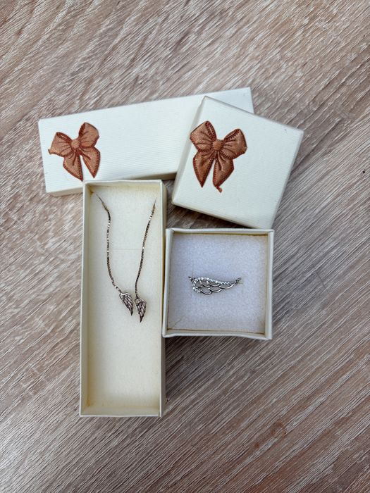 Srebrny komplet biżuterii 925 Skrzydła Anioła Naszyjnik + Kolczyki