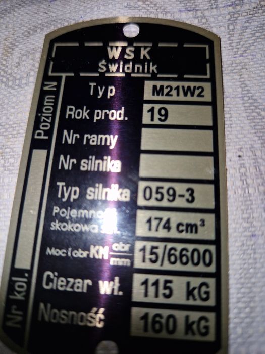 Nowa tabliczka główki ramy zawieszenia wsk 175 .M21 W2 silnik 059