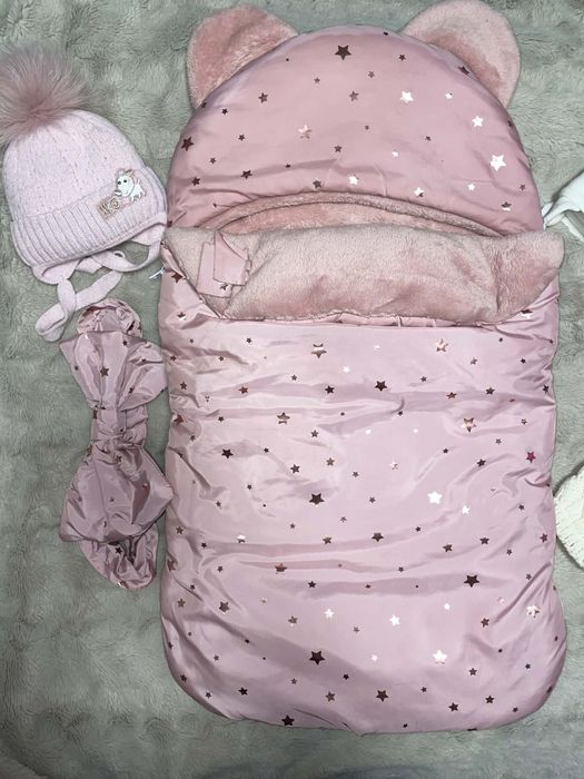 Зимовий спальний мішок на виписку конверт в коляску рожевий