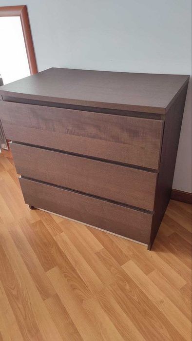 MALM / STORKLINTA - Cómoda c/3 gavetas, castanho escuro/efeito carvalho, 80x77x48 cm