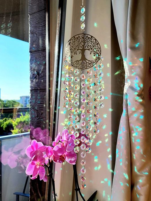 Łapacz Snów Słońca DRZEWO ŻYCIA Kolorowy SZKLANY Zawieszka na Okno