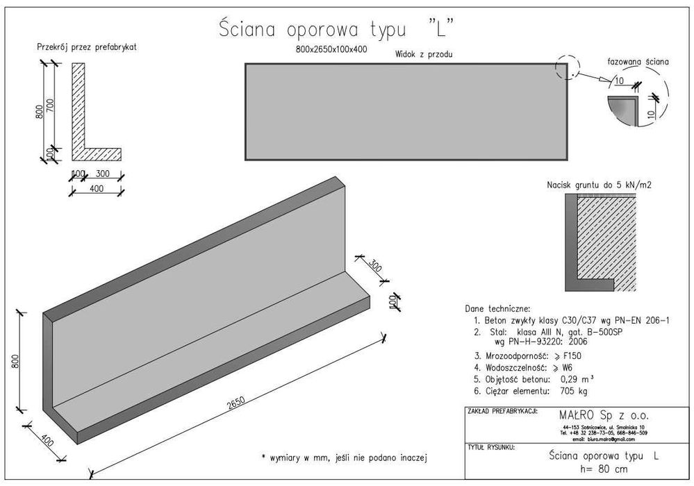 Mur oporowy typu L, mury oporowe elki 100x250 prefabrykat muru