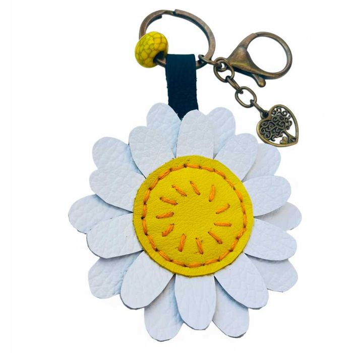 Brelok skórzany rumianek do kluczy zawieszka do torebki, handmade