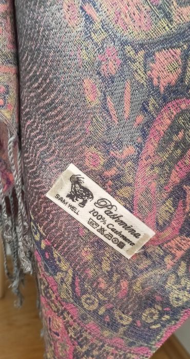 Piękny szal chusta różowy szary 100% kaszmir Pashmina