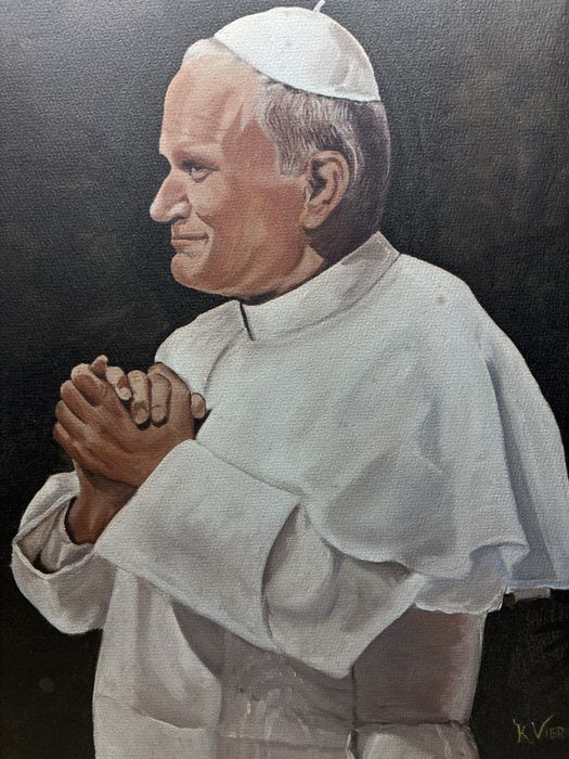 Excelente imagem do retrato de Papa João Paulo II da aguarela R. Viera