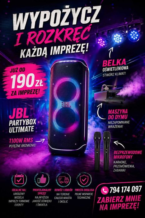 Wynajem JBL PartyBox Ultimate 1,1kw dymiarka + belka oświetleniowa led