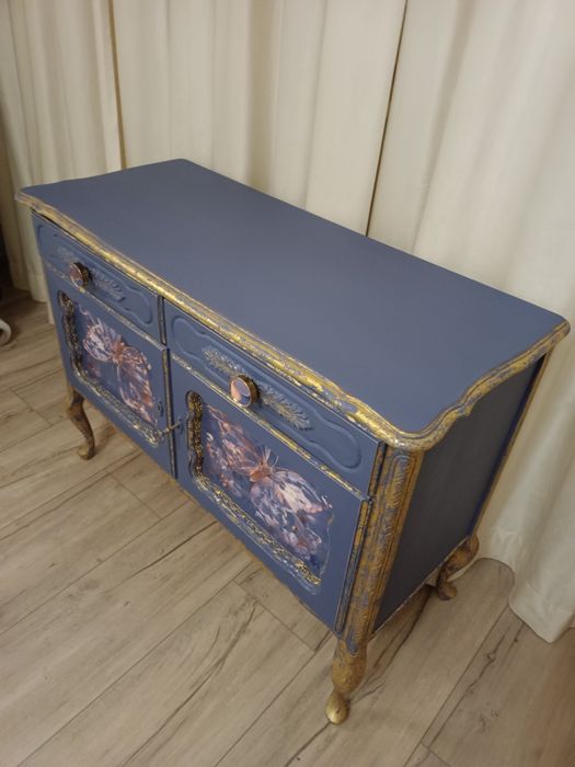 Komoda.Ludwikowska. Vintage. Granatowa z płatkami złota.Shabby.Glamour