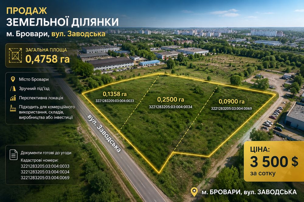 Продаж земельної ділянки 0,4758 га | м. Бровари | вул. Заводська