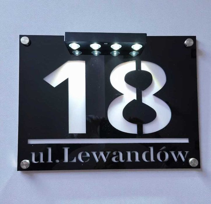 Tablica adresowa Solar LED 40x30cm - Czarny Połysk + Biały 3D