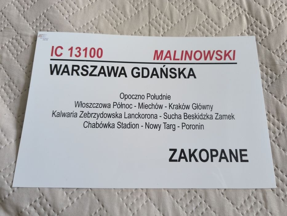 Tablica relacyjna IC Malinowski objazdowa 24/25