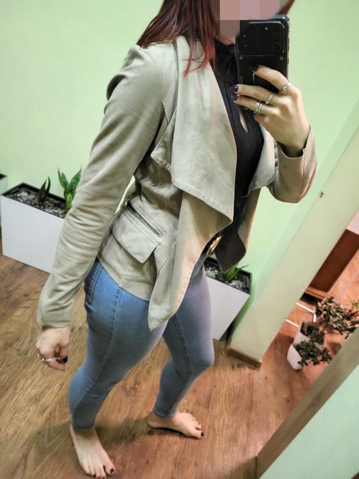 Kardigan krótki, ramoneska, beżowy elegancki, C&A, 36 S, zamszowy