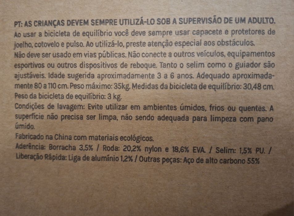 Bicicleta de equilíbrio 3-6 anos Nova