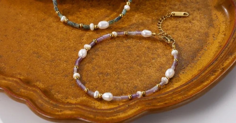 Fioletowa bransoletka agat perła stal