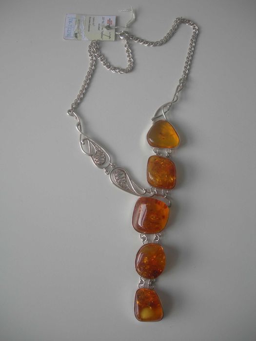 Серебряное колье, янтарь, серебро 925, 58 грамм