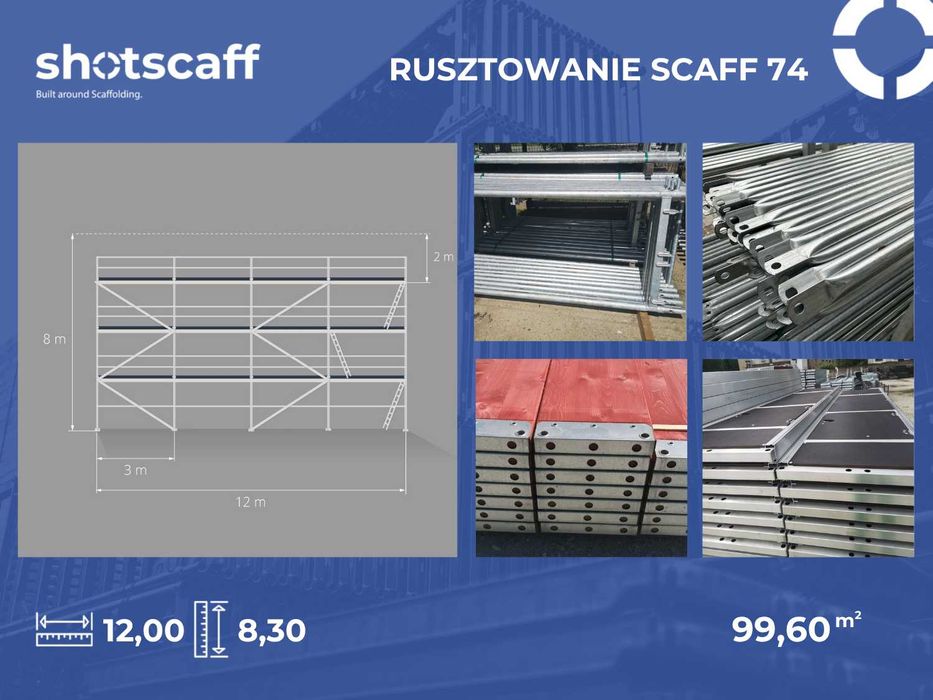 Nowe stalowe rusztowanie Plettac 8,3 m x 12 m =100 m2 elewacyjne, podesty 3m kompletne