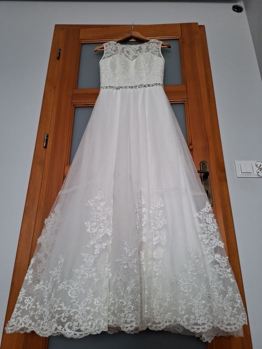 Suknia ślubna, ecru, koronka, 38