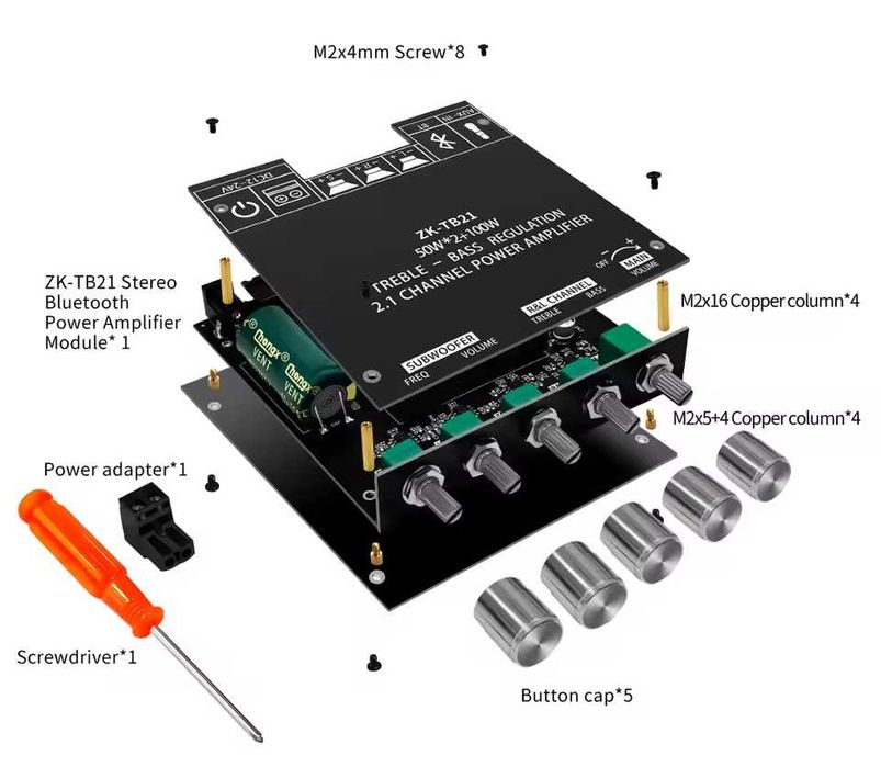 Усилитель 2.1 ZK MT-21 TB-21 2*50+100Вт Bluetooth 5.0 AUX MT-502
