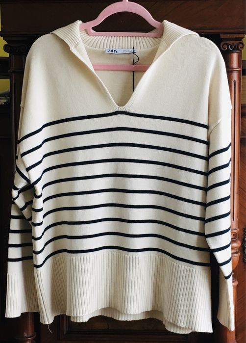 ZARA Stylowy sweter w marynistyczne paski | ecru & granat | luźny krój