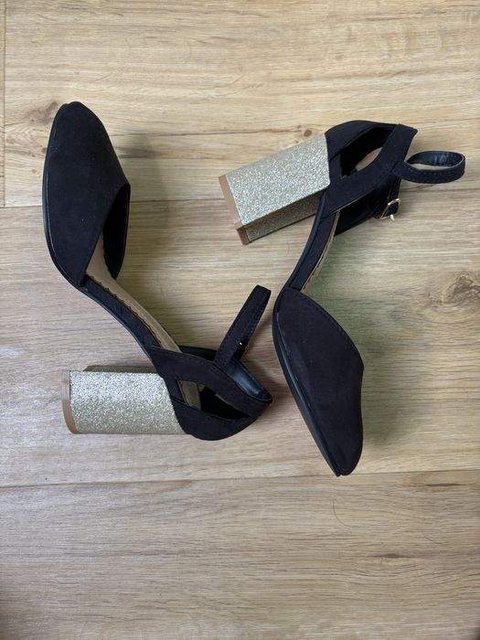 Czolenka buty eleganckie na slupku regro złote czarne 37