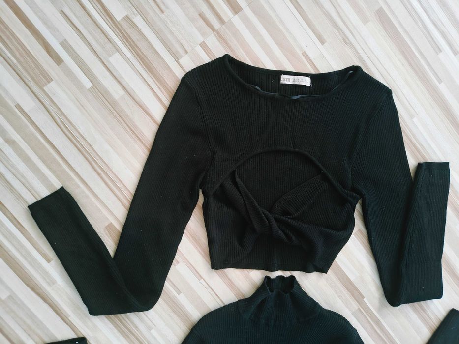 2 sztuki czarny crop top, dwie bluzki, komplet,  prążkowany, bawełna, xs