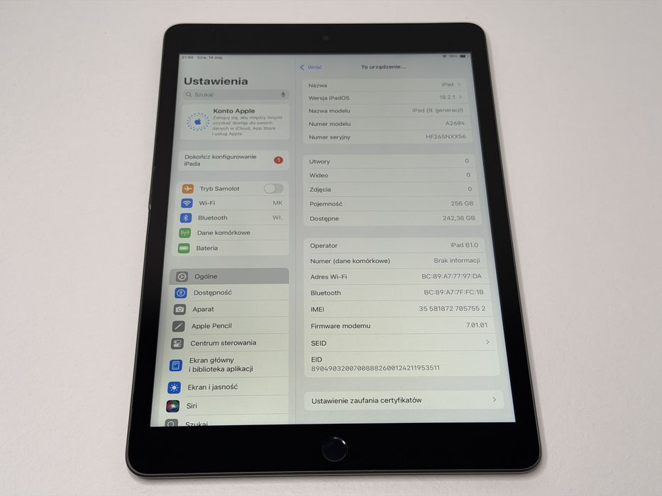iPad 9. gen. (A2604) - 256GB - Cellular (LTE) - faktura VAT 23%