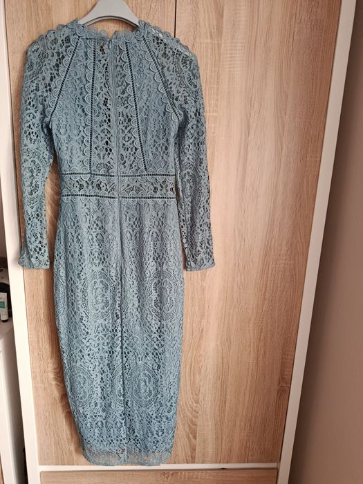 Asos niebieska ołówkowa sukienka z długim rękawem z koronki rozmiar M