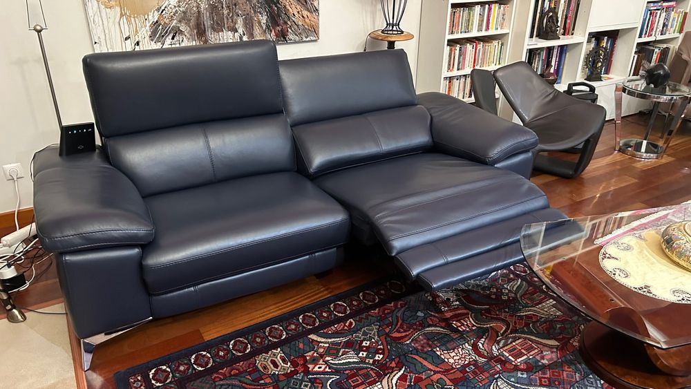Sofá de relaxamento de 3 lugares, couro azul marinho