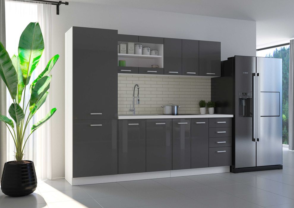 Zestaw Mebli Kuchennych szary połysk 240 cm - szybka wysyłka