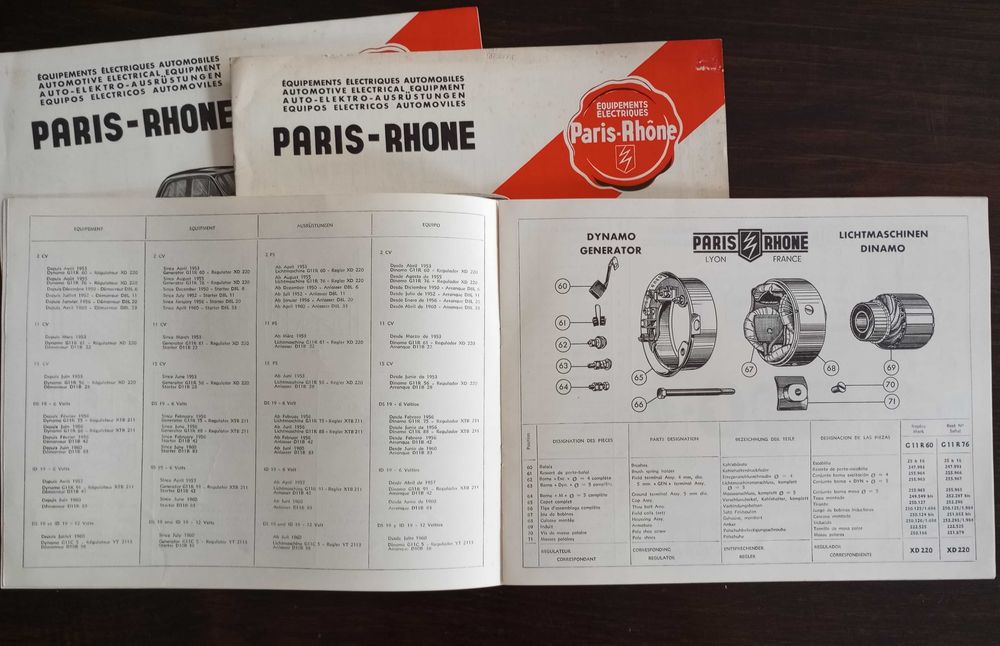 Antigas brochuras comerciais de equipamentos eléctricos Paris-Rhone para Citroën Simca Renault