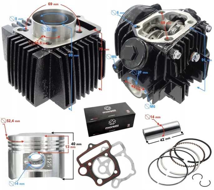 Cylinder i głowica Moretti do motoroweru 4T 125cc 154FMH kpl.nowy wys
