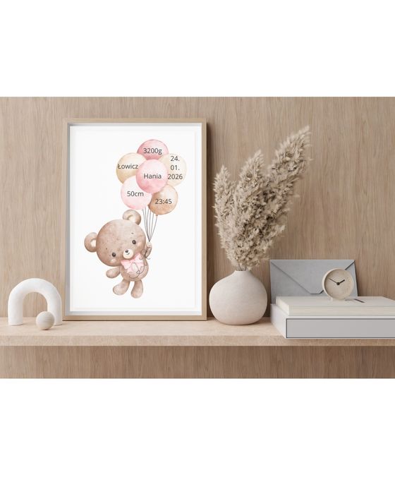 Personalizowana metryczka urodzenia dziecka A4 kolorowe misie z ramką!