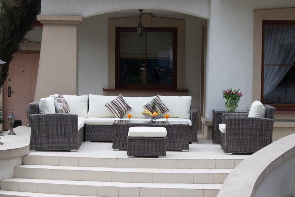 Zestaw ogrodowy- Kawowy technorattan , narożnik + fotel+ stoliki