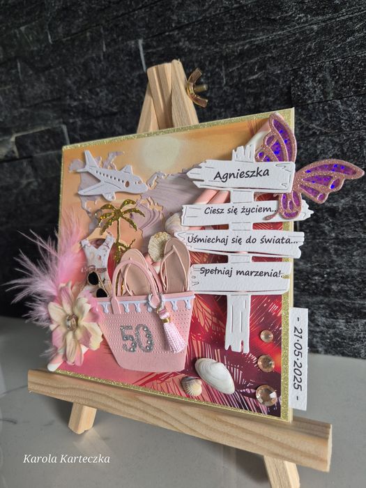 Kartka 30/40/50/60/70 wakacyjna, plaża, kobieca