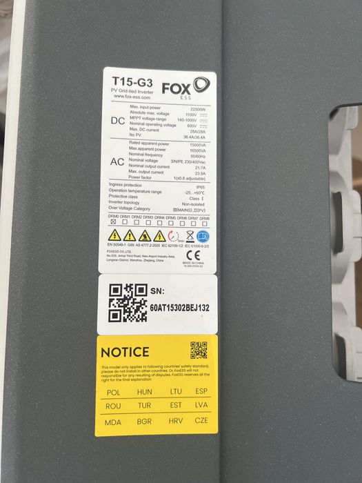Сетевой инвертор трехфазный, 15 кВт, FOX ESS T15-G3, MPPT 2, IP65,