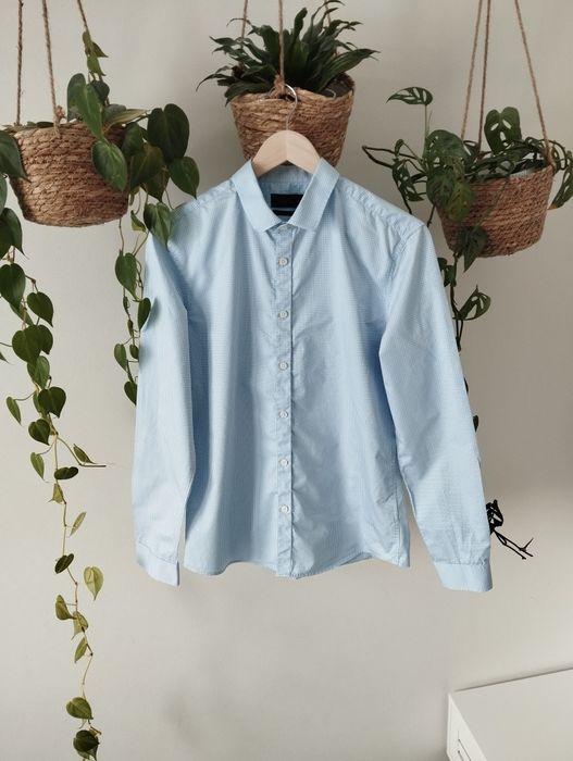 Bawełniana koszula męska, błękitna, w groszki, slim fit r.S/M Selected