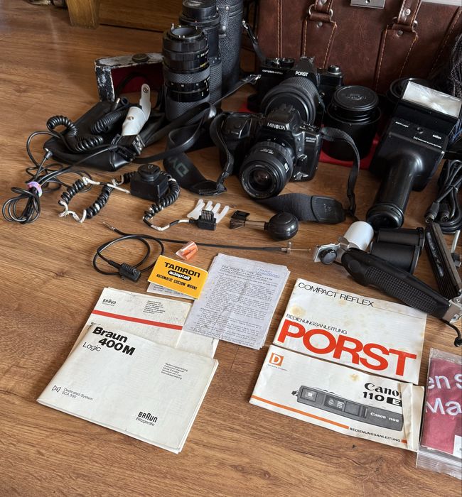 Zestaw fotograficzny ROLLEI, Porst, Minolta, Braun, Canon, Bauer