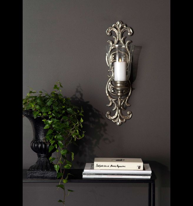 Świecznik ścienny srebrny h52cm. metal+szkło 13359