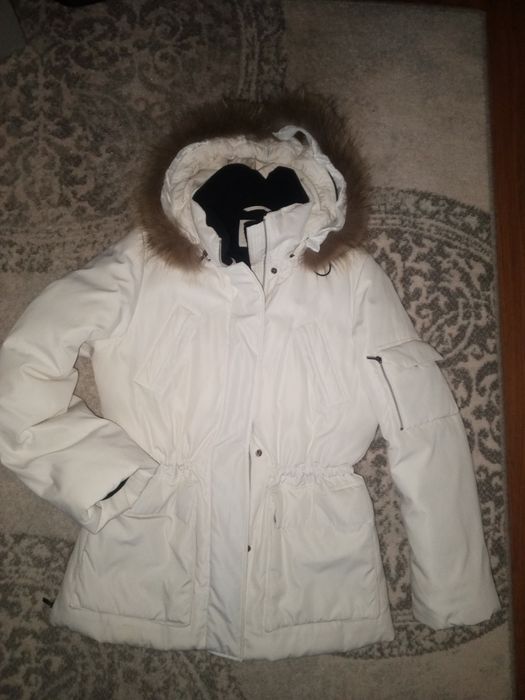Biała kurtka M puch i lis naturalny